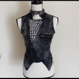 Studded Zip Front Denim Vest w Choker Sz Small